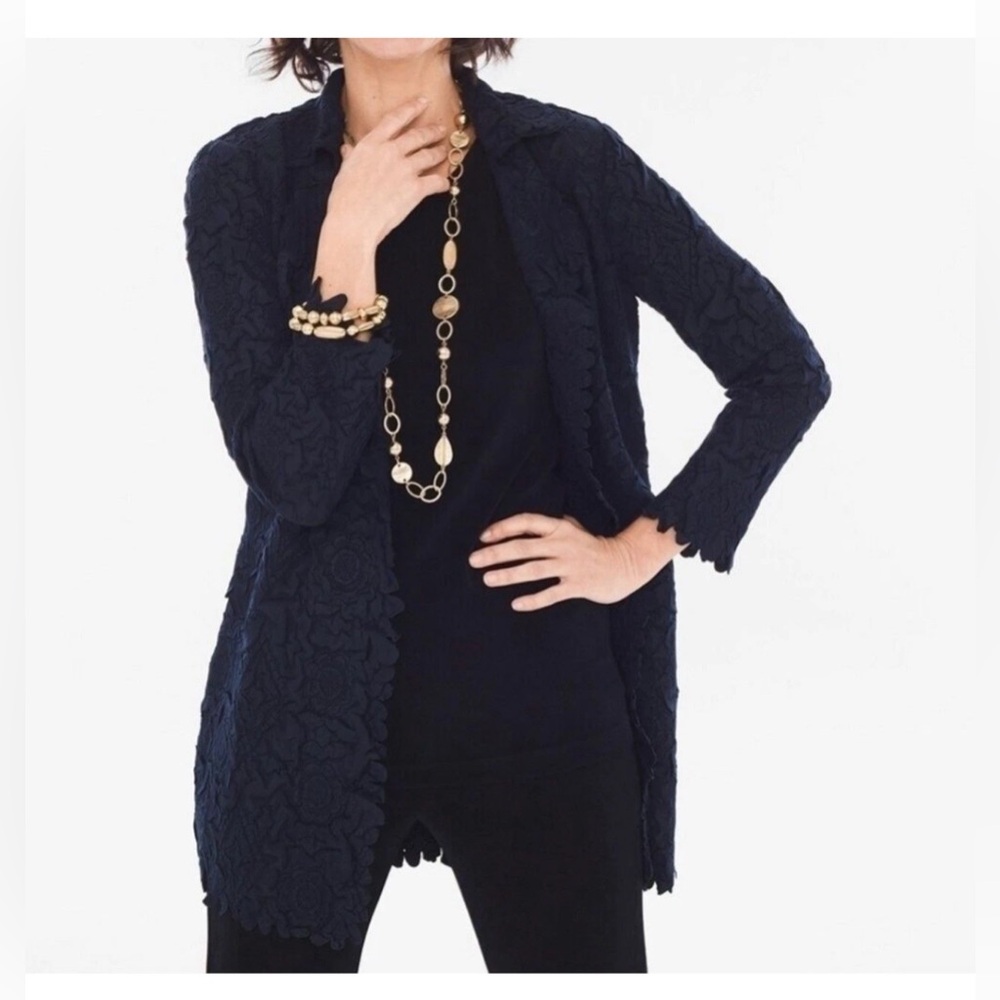 Chicos LP Travelers Navy Crinkle Textured Open Front Blazer Jacket 3D Floral